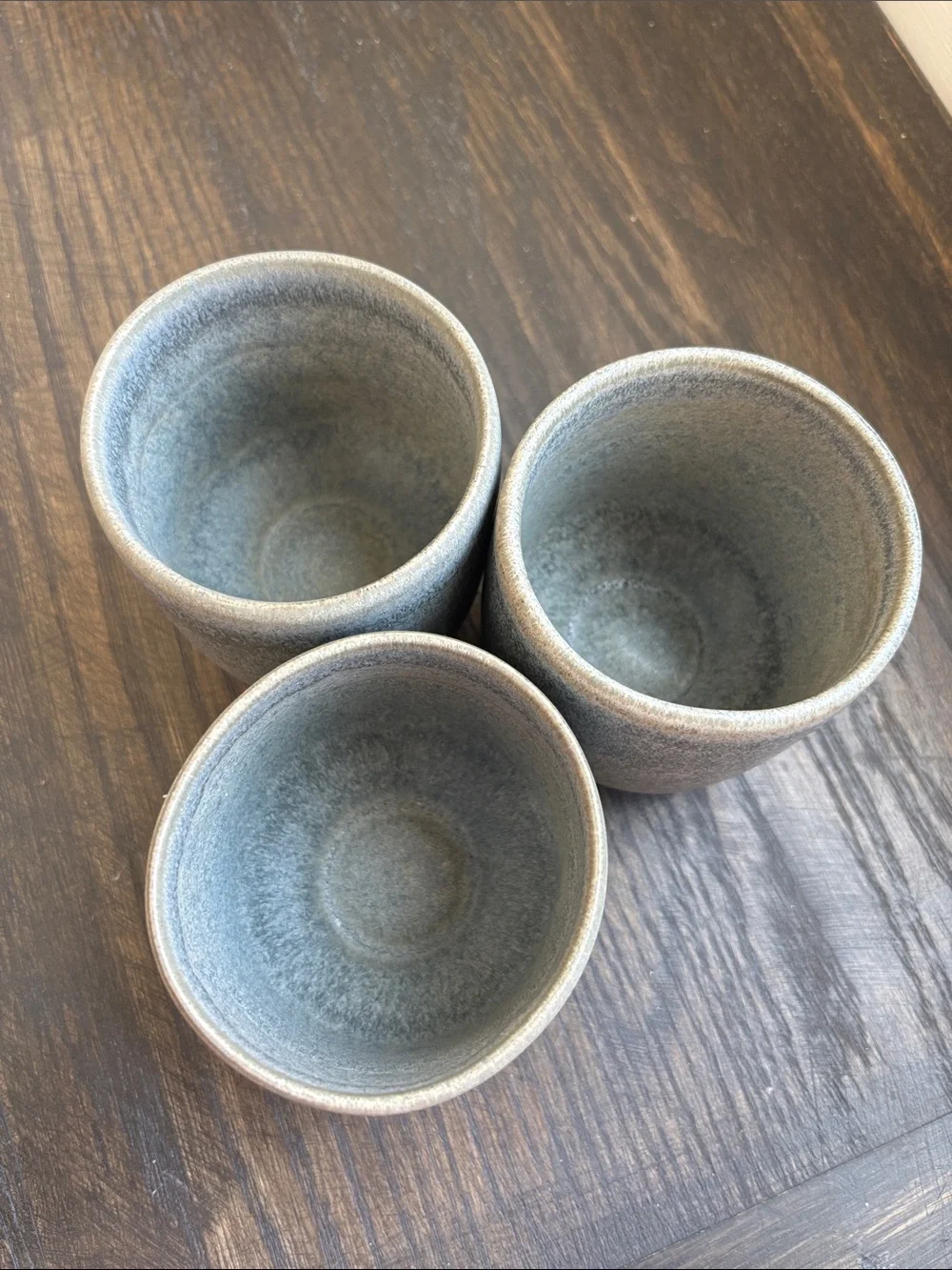 West Elm glazed stoneware Kanto mugs- set of 3, gray/blue, 3.75” tall
